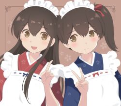 2girls akagi_(kancolle) alternate_costume apron azuki-iro blue_kimono brown_eyes brown_hair enmaided frilled_apron frills highres index_finger_raised japanese_clothes kaga_(kancolle) kantai_collection kimono long_hair maid maid_headdress multiple_girls red_kimono side_ponytail upper_body v wa_maid white_apron