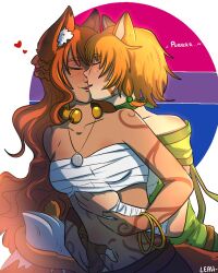 Rule 34 | 2girls, animal ears, artist name, artist self-insert, bisexual flag, breasts, cat ears, cat girl, chest sarashi, closed eyes, commentary, english commentary, fire emblem, fire emblem: path of radiance, fire emblem: radiant dawn, fox ears, fox girl, french kiss, hug, hug from behind, kiss, leahfoxden, lethe (fire emblem), long hair, multiple girls, nintendo, oc x canon, orange hair, original, sarashi, short hair, small breasts, tail, yuri