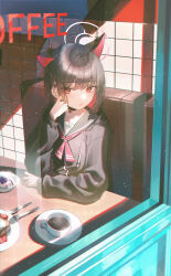1girl absurdres animal_ears black_choker black_hair black_jacket blue_archive cat_choker cat_ears cat_girl choker closed_mouth colored_inner_hair domi_(hongsung0819) extra_ears highres jacket kazusa_(blue_archive) looking_at_viewer multicolored_hair neckerchief pink_eyes pink_neckerchief sitting solo two-tone_hair upper_body