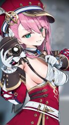 1girl absurdres aqua_eyes armpit_crease belt belt_buckle blue_gemstone blurry blurry_background blush breasts buckle newsboy_cap camera charlotte_(genshin_impact) clothes_pull cross-laced_clothes cross-laced_sleeves detached_sleeves fanning gem genshin_impact grin hat hat_feather highres holding holding_camera itohana lace-up_sleeves medium_breasts medium_hair monocle pink_hair puffy_detached_sleeves puffy_sleeves pulling_own_clothes red_hat red_sleeves shirt shirt_pull sideboob simple_background skirt smile solo steaming_body suspenders sweatdrop underwear white_belt white_shirt