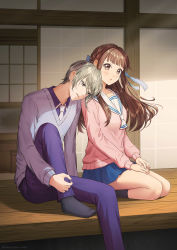 1boy 1girl black_legwear blue_pants blue_skirt blush braid brown_eyes brown_hair fruits_basket grey_hair grey_sweater hair_ribbon hetero highres honda_tooru kimopoleis long_hair long_sleeves necktie pants pink_shirt ribbon seiza shirt short_hair sitting skirt sliding_doors socks sohma_yuki sweater watermark web_address white_necktie