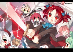&gt;:o 6+girls :o ahoge blank_stare blonde_hair borrowed_character chestnut_mouth copyright_name dutch_angle floating flying green_hair hair_ribbon heart heart-shaped_eyes holding holding_sword holding_weapon letterboxed long_hair long_sleeves multiple_girls pants pixiv_fantasia pixiv_fantasia_t pointy_ears red_eyes red_hair ribbon saru serious shaded_face short_hair silver_hair standing sword two_side_up umbrella v-shaped_eyebrows weapon