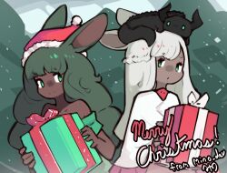 Rule 34 | 2girls, ancient rabbit, animal ears, big hair, box, braid, capelet, closed mouth, commentary, dark-skinned female, dark skin, dragon, dragon on head, dress, druid rabbit, english commentary, fur-trimmed headwear, fur trim, gift, gift box, green dress, green eyes, green hair, half up braid, hat, long hair, looking at viewer, merry christmas, mino dev, multiple girls, off-shoulder dress, off shoulder, pom pom (clothes), rabbit and steel, rabbit ears, rabbit girl, red hat, santa hat, smile, snowing, upper body, white capelet, white hair
