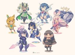 6+girls armor black_thighhighs blonde_hair blue_hair brown_eyes brown_hair cape ceruledge clodsire closed_mouth full_body green_hair grey_hair helmet holding holding_sword holding_weapon humanization kuromiya long_hair long_sleeves looking_at_viewer mask meowscarada miraidon multicolored_hair multiple_girls nintendo open_mouth palafin palafin_(hero) pawmot personification pink_hair pokemon short_hair sleeves_past_fingers sleeves_past_wrists standing sword tail thighhighs thighs tinkaton twitter_username two-tone_hair weapon white_cape white_eyes white_hair yellow_background yellow_eyes