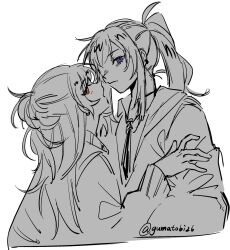 2girls class_of_09 closed_mouth collared_shirt commentary earclip greyscale gumatobi26 hand_on_another&#039;s_arm hashtag-only_commentary highres hood hoodie jecka_(class_of_09) long_hair monochrome multiple_girls necktie nicole_(class_of_09) open_mouth orange_eyes purple_eyes shirt spot_color twitter_username yuri