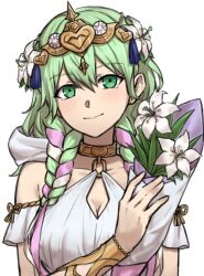 1girl alternate_hairstyle bouquet braid breasts female_byleth_(fire_emblem) cleavage closed_mouth cosplay double-parted_bangs fire_emblem fire_emblem:_three_houses fire_emblem_heroes flower green_eyes green_hair hair_between_eyes highres holding holding_bouquet large_breasts light_blush long_hair looking_at_viewer multicolored_hair nintendo pink_hair simple_background smile solo sothis_(aura_of_love)_(fire_emblem) sothis_(fire_emblem) sothis_(fire_emblem)_(cosplay) tiara twin_braids two-tone_hair upper_body white_background white_flower zuzu_(ywpd8853)