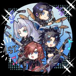 4boys angeal_hewley band_(music) belt black_belt black_coat black_facial_hair black_gloves black_hair black_jacket black_sweater blue_eyes bracer brown_hair buster_sword chest_strap chibi coat crisis_core_final_fantasy_vii dirge_of_cerberus_final_fantasy_vii drum drum_set drumsticks earpiece electric_guitar facial_hair fang final_fantasy final_fantasy_vii fingerless_gloves genesis_rhapsodos gloves green_eyes grey_hair grose guitar hair_intakes hand_up hands_up happy highres holding holding_drumsticks holding_guitar holding_instrument instrument jacket leather leather_jacket long_hair long_sleeves looking_at_viewer male_focus medium_hair microphone multiple_boys music one_eye_closed open_mouth parted_bangs playing_guitar playing_instrument red_coat red_gloves sephiroth short_sleeves singing sleeveless sleeveless_sweater sleeveless_turtleneck slit_pupils smile sparkle spiked_hair suspenders sweater time_paradox turtleneck turtleneck_sweater twitter_username upper_body zack_fair