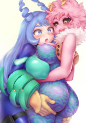2girls :o ashido_mina ass bare_shoulders black_sclera blue_eyes blue_hair blush bodysuit boku_no_hero_academia breast_press breasts colored_sclera colored_skin covered_erect_nipples curvy drill_hair facing_another fur_trim gloves grabbing_another&#039;s_ass groping hado_nejire hands_on_ass happy highres horns huge_ass jacket large_breasts long_hair looking_at_another multiple_girls nipples open_mouth pink_hair pink_skin short_hair shpo simple_background skin_tight sleeveless smile standing teeth thick_thighs thighs tongue vest white_background wide-eyed yellow_eyes yuri