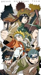 1girl 6+boys absurdres akamaru_(naruto) akimichi_chouji bandaged_arm bandages black_hair black_pants blonde_hair blue_eyes border brown_hair byakugan dog earrings facial_mark forehead_protector fur-trimmed_hood fur-trimmed_jacket fur_trim gaara_(naruto) grey_background grey_jacket highres hood hood_up hyuuga_neji inuzuka_kiba jacket jewelry kankurou_(naruto) konohagakure_shinobi_uniform konohagakure_symbol male_focus multiple_boys nara_shikamaru naruto_(classic) naruto_(series) open_mouth orange_jacket pants pnpk_1013 ponytail red_hair rock_lee scarf shirt simple_background sparkle spiked_hair temari_(naruto) thick_eyebrows two-tone_background uzumaki_naruto whisker_markings white_border white_scarf white_shirt