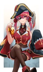 1girl absurdres arrow_through_heart ascot bare_shoulders belt bicorne black_coat black_hat black_thighhighs blush boots border breasts coat commentary_request covered_navel cropped_jacket cropped_shirt crossed_legs epaulettes eyepatch gradient_background hair_between_eyes hair_ribbon hat heart highres hololive houshou_marine houshou_marine_(1st_costume) jacket large_breasts leotard leotard_under_clothes long_hair looking_at_viewer off_shoulder outside_border pirate pirate_hat red_ascot red_eyes red_hair red_jacket red_ribbon ribbon see-through_clothes see-through_leotard sitting skirt skull_cup sleeveless sleeveless_jacket smile solo thighhighs thighs toby000777 twintails virtual_youtuber white_border