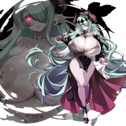 breasts demon_girl demon_horns demon_tail earrings facial_tattoo glowing glowing_eyes green_hair heart heart-shaped_pupils horns huge_breasts jewelry long_hair pubic_tattoo rota-san symbol-shaped_pupils tail tattoo very_long_hair