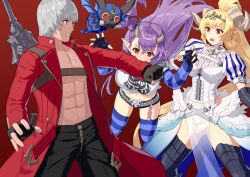 abs absurdres behemoth belt biting_arm blonde_hair coat commission dante_(devil_may_cry) demon_girl demon_horns devil_may_cry devil_may_cry_(series) devil_may_cry_3 gas_mask high_ponytail highres horns leviathan_(the_seven_deadly_sins) lucifer_(the_seven_deadly_sins) mask name_connection navel pentagram pointy_ears ponytail purple_hair red_eyes skeb_commission striped_clothes striped_thighhighs studded_belt surprised sword sword_on_back the_seven_deadly_sins thighhighs trench_coat weapon weapon_on_back white_hair yagi2013