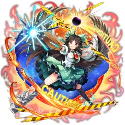 Rule 34 | 1girl, ahoge, arm cannon, asymmetrical footwear, bird wings, black sun, black thighhighs, black wings, bow, breasts, brown hair, cape, caution, closed mouth, collared shirt, feathered wings, frilled skirt, frills, full body, game cg, green bow, green skirt, hair bow, highres, large breasts, long hair, looking at viewer, mismatched footwear, official art, puffy short sleeves, puffy sleeves, red eyes, reiuji utsuho, rotte (1109), shirt, short sleeves, skirt, smile, solo, starry sky print, sun, thighhighs, third-party source, third eye, third eye on chest, touhou, touhou lostword, transparent background, very long hair, weapon, white cape, white shirt, wings
