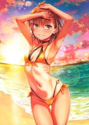 1girl absurdres arms_up beach bikini black_choker breasts brown_eyes brown_hair choker cloud cover front-tie_bikini_top front-tie_top gluteal_fold gradient_sky hands_on_own_head highres isshi_pyuma layered_bikini lens_flare medium_hair misaka_mikoto navel ocean one-piece_tan orange_bikini outdoors parted_lips side-tie_bikini_bottom sky small_breasts solo stomach sunrise swimsuit tan tanline thigh_gap toaru_kagaku_no_railgun toaru_majutsu_no_index