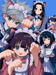 5boys alluka_zoldyck alternate_costume animal_ears apron aqua_eyes black_hair blue_background blue_eyes blue_hair cat_boy cat_ears cat_girl grin half-closed_eyes holding holding_tray hunter_x_hunter illumi_zoldyck juliet_sleeves kalluto_zoldyck killua_zoldyck long_hair long_sleeves maid milluki_zoldyck multiple_boys open_mouth paw_pose puffy_sleeves purple_hair short_hair smile teeth thicopoyo tray upper_body white_apron