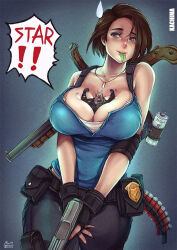 Rule 34 | 1boy, 1girl, between breasts, black gloves, blue pants, blue shirt, breasts, brown hair, elbow pads, fingerless gloves, gloves, gun, gun on back, holding, holding gun, holding weapon, jill valentine, kachima, large breasts, nemesis (resident evil), pants, police badge, resident evil, resident evil 3: nemesis, resident evil 3 (remake), shirt, short hair, shotgun, signature, single elbow pad, smile, speech bubble, sweatdrop, weapon, weapon on back