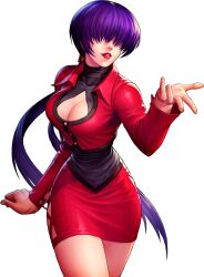 1girl breasts cleavage_cutout clothing_cutout curvy dress female_focus hand_up huge_breasts jacket large_breasts long_hair orochi_shermie ponytail purple_hair shermie_(kof) skirt smile standing the_king_of_fighters thick_thighs thighs twintails wide_hips