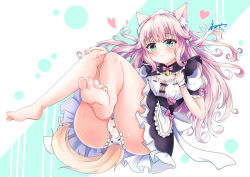 Rule 34 | 1girl, animal ear fluff, animal ears, apron, bare legs, barefoot, bell, black dress, blush, bow, bowtie, breasts, buttons, cat ears, cat girl, cat tail, character name, cleavage, cleavage cutout, closed mouth, clothing cutout, commentary request, dress, feet, floating hair, food print, fraise (nekopara), frilled apron, frilled dress, frilled panties, frills, fruit print, full body, fusse, gold bell, green eyes, hair bow, hand on own knee, hands up, heart, heart button, highres, jingle bell, knees together feet apart, long hair, maid, maid apron, maid headdress, nail polish, name tag, neck bell, nekopara, panties, pink bow, pink bowtie, pink hair, pink nails, print panties, puffy short sleeves, puffy sleeves, short sleeves, sidelocks, signature, simple background, sitting, sleeve bow, slit pupils, small breasts, smile, soles, solo, strawberry panties, strawberry print, tail, thighs, toenails, toes, underwear, variant set, very long hair, waist apron, waitress, wavy hair, white apron, white background, white bow, white panties, white wrist cuffs, wrist cuffs