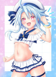 Rule 34 | 1girl, ahoge, bikini, bikini skirt, blue hair, blush, bracelet, clenched hands, eima, hat, highres, jewelry, neptune (series), open mouth, power symbol-shaped pupils, red eyes, short hair with long locks, solo, swimsuit, symbol-shaped pupils, thigh strap, white bikini, white hat, white heart (neptunia)