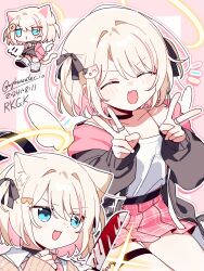 1girl :d animal_ears belt black_belt black_bow black_choker black_jacket blonde_hair blue_eyes blush bow breasts cat_ears cat_girl cat_hair_ornament cat_tail chibi chibi_inset choker cleavage closed_eyes clothes_writing collarbone colored_inner_hair commentary detached_wings dot_nose double_v english_commentary fang hair_between_eyes hair_bow hair_intakes hair_ornament halo hands_up heart heart_hair_ornament highres jacket jewelry long_sleeves microskirt multicolored_hair multicolored_jacket multiple_hair_bows multiple_views open_clothes open_jacket open_mouth original orphaneater_io parted_bangs pink_background pink_hair pink_jacket pink_skirt plaid_clothes plaid_skirt ring shirt shirt_tucked_in short_hair sidelocks single_hair_streak sitting skirt small_breasts smile spaghetti_strap tail thigh_strap two-tone_hair two-tone_jacket v white_background white_shirt wing_collar wings yellow_halo