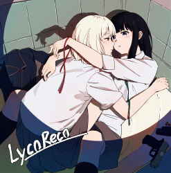 2girls animal_ears arms_around_neck between_legs black_hair blonde_hair blue_skirt bullet chinese_commentary commentary_request copyright_name dress gun handgun highres in_bathtub inoue_takina kneehighs long_hair lycoris_recoil lycoris_uniform medium_hair multiple_girls nishikigi_chisato parted_lips purple_eyes red_eyes shadow shirt skirt sleeves_rolled_up socks strapchan019 tile_wall tiles unworn_dress weapon white_shirt yuri