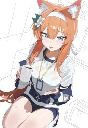 1girl absurdres animal_ear_fluff blue_archive blue_eyes blue_jacket blue_shoes blue_shorts blush breasts center-flap_bangs coffee coffee_mug commentary cup double-parted_bangs english_commentary flower full_body gym_shirt gym_shorts hair_between_eyes hair_flower hair_ornament hair_over_shoulder hair_ribbon hairband halo highres holding holding_cup jacket lanyard long_bangs long_hair long_sidelocks looking_at_viewer mari_(blue_archive) mari_(track)_(blue_archive) medium_breasts monochrome_background mug orange_hair partially_unzipped raised_inner_eyebrows ribbon setakman shirt shoes short_shorts short_sleeves shorts sidelocks sitting sketch socks solo steam steaming_cup sweat tears tongue tongue_out track_jacket very_long_hair wariza wet wet_clothes wet_shirt white_flower white_hairband white_ribbon white_shirt white_socks