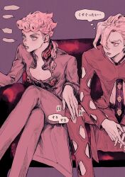 2boys absurdres black_necktie blank_speech_bubble blonde_hair braid bug clothing_cutout crossed_legs double-parted_hair earrings food-themed_earrings food_themed_earrings giorno_giovanna grey_eyes hand_on_another&#039;s_knee highres insect jacket jewelry jojo_no_kimyou_na_bouken ladybug ladybug_ornament long_hair looking_at_another male_focus multiple_boys necktie okokoro_zaiku pale_color pannacotta_fugo pants red_eyes shirt sitting speech_bubble strawberry_earrings thought_bubble vento_aureo victory_rolls white_hair yaoi