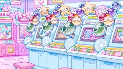 1boy 1girl animal_ears animated animated_gif arcade arcade_cabinet backpack bag black_hair blue_eyes blue_hair blue_shirt colorful commentary commission crane_game crown decora english_commentary glasses heisei_retro heterochromia indoors kirby kirby_(series) manaka_laala midriff multicolored_hair nintendo original pink_eyes pink_hair pixel_art pretty_series pripara puyopuyo round_eyewear ru_(toyhamu) shirt short_hair skirt snail_shell split-color_hair two-tone_hair v yume_kawaii