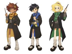 3girls amphibia anne_boonchuy black_footwear black_hair black_skirt blonde_hair blue_eyes blue_scarf blush brown_eyes brown_hair cardigan cloak dark_skin full_body green_scarf grey_sweater hair_ornament hairclip hand_on_own_hip highres hogwarts_school_uniform holding holding_wand hufflepuff jocy3 leaf leaf_on_head left_shoe_removed light_blush long_sleeves loose_socks marcy_wu multiple_girls one_eye_closed pleated_skirt ponytail ravenclaw sasha_waybright scarf school_uniform scrunchie shoes short_hair single_shoe skirt slytherin smile socks standing striped_clothes striped_scarf sweater teeth wand white_background wizarding_world yellow_scarf