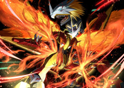 Rule 34 | absurdres, ancientgreymon, arm cannon, artist logo, bakeneko38, blonde hair, blue eyes, commission, dark background, digimon, digimon (creature), digimon frontier, dragon, feathered wings, fiery wings, fire, highres, logo, sharp teeth, short hair, skeb commission, spiked hair, teeth, vritramon, weapon, wings