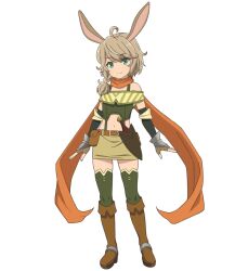 Rule 34 | 1girl, ahoge, animal ears, anime coloring, asymmetrical hair, bare shoulders, belt, belt pouch, boots, braid, breasts, brown belt, brown boots, brown gloves, brown hair, camisole, closed mouth, detached sleeves, fingerless gloves, flat chest, full body, gloves, green eyes, green thighhighs, highres, horn (isekai maou), isekai maou to shoukan shoujo no dorei majutsu, kaneko shizue, long scarf, looking at viewer, medium hair, navel, official art, orange scarf, pouch, rabbit ears, rabbit girl, scarf, sidelocks, simple background, single braid, skirt, smile, solo, standing, thighhighs, thighs, transparent background