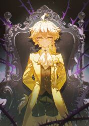 1boy aether_(genshin_impact) ahoge alternate_costume ascot ayiiiyiii black_shorts blonde_hair braid coat couch genshin_impact highres long_hair looking_at_viewer open_clothes open_coat shirt shorts solo vest white_ascot white_shirt yellow_coat yellow_eyes