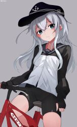1girl alternate_costume anchor_print bicycle bike_shorts black_gloves black_hat black_jacket blue_eyes blue_sailor_collar commentary_request double-parted_bangs fingerless_gloves gloves grey_background grey_hair hair_between_eyes hat hat_pin hibiki_(kancolle) highres jacket kantai_collection long_hair long_sidelocks long_sleeves looking_at_viewer miron_(mirona33) multicolored_jacket pout riding riding_bicycle sailor_collar sidelocks simple_background solo twitter_username two-tone_jacket white_jacket