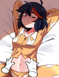 ahoge arms_up black_hair hanaarts highres kill_la_kill matoi_ryuuko multicolored_hair navel pajamas red_hair short_hair streaked_hair two-tone_hair