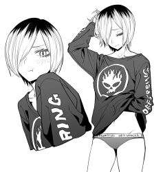 1girl absurdres clothes_lift eyelashes greyscale hair_over_one_eye haru-chan_(hei_taiyou) hei_taiyou highres monochrome multicolored_hair no_pants original panties pout roots_(hair) shirt_lift short_hair simple_background underwear white_background