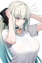 Rule 34 | 1girl, absurdres, arms behind head, arms up, bamboo tac, black bow, blue eyes, blush, bow, braid, breasts, choker, fate/grand order, fate (series), grey hair, hair bow, highres, large breasts, long hair, morgan le fay (fate), ponytail, shaded face, shirt, short sleeves, sidelocks, solo, very long hair, white shirt