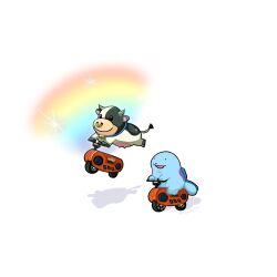 animal bell commentary cow creatures_(company) crossover game_freak gen_2_pokemon highres horns mario_(series) mario_kart mario_kart_world moo_moo_(mario) motor_vehicle motorcycle nintendo no_humans nose_piercing nose_ring on_motorcycle open_mouth piercing pokemon pokemon_(creature) quagsire rainbow simple_background smile sparkle syan_san135 symbol-only_commentary udder wooper