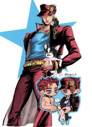 2boys animal begoru15 belt blue_eyes blue_outline blue_shirt chain chibi chibi_inset coat collar commentary commentary_request dog family gakuran hat high_collar highres holding holding_animal iggy_(jojo) jewelry jojo_no_kimyou_na_bouken jonathan_joestar kepi kuujou_joutarou long_coat male_focus military_hat multiple_belts multiple_boys outline pants phantom_blood red_hair red_hat red_pants school_uniform shirt short_hair star_(symbol) stardust_crusaders time_paradox topless_male