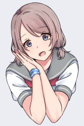 alternate_hairstyle blue_eyes blush brown_hair dot_nose grey_hair highres looking_at_viewer love_live! love_live!_sunshine!! momose_oden neckerchief necktie nose official_alternate_hairstyle open_mouth ponytail red_neckerchief red_necktie sailor_collar school_uniform scrunchie serafuku short_hair simple_background smile uranohoshi_school_uniform watanabe_you white_background
