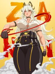 1girl absurdres arm_strap biratwo black_choker black_gloves black_horns black_pants breasts bright_pupils character_name choker clenched_hand collarbone commentary cowboy_shot curled_horns earrings english_commentary gloves gradient_background grey_hair hair_between_eyes high-waist_pants highres holding_necktie horns jewelry key_earrings large_breasts long_hair looking_at_viewer necktie pants parted_lips red_eyes red_necktie shirt shirt_tucked_in simple_background smoke solo toned toned_female very_long_hair white_pupils white_shirt wuthering_waves yellow_background zani_(wuthering_waves)