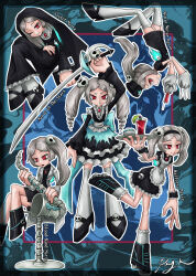 1girl alternate_costume apron bloody_marie_(skullgirls) blue_background blue_lips bone bowl brooch cup dress drill_hair fashion fire frilled_apron frilled_dress frills garter_straps gloves grey_hair habit hairband hat highres instrument jacket jewelry latex latex_gloves lipstick looking_at_viewer makeup mary_janes multiple_persona multiple_views nun nurse nurse_cap one_eye_closed plate ray-k red_eyes ribs saxophone scalpel shoes sitting skeleton skirt skullgirls smile stool sword syringe thighhighs twin_drills twintails waitress weapon