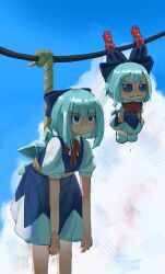 1girl absurdres blue_bow blue_dress blue_eyes blue_hair blue_sky bow cirno cirno_day closed_mouth clothes_pin cloud commentary day dress frown fumo_(doll) hair_bow hanging highres ice ice_wings makotogab outdoors rope shirt short_sleeves sky split_mouth touhou v-shaped_eyebrows wet white_shirt wings