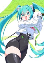 1girl :d aqua_eyes aqua_hair asymmetrical_bodysuit black_bodysuit black_thighhighs blush bodysuit commentary_request covered_navel flag flagpole green_flag hatsune_miku highres holding holding_flag kamuraaa_615 long_hair looking_at_viewer open_mouth racing_miku racing_miku_(2022) single_leg_bodysuit single_thighhigh smile solo teeth thighhighs twintails upper_teeth_only vocaloid