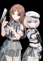 Rule 34 | 2girls, 463 jun, bang dream!, bang dream! it&#039;s mygo!!!!!, beret, black choker, black skirt, blue eyes, blush, breasts, brown hair, choker, cleavage, closed mouth, commentary, covered collarbone, crop top, earrings, finger on trigger, gun, hair ornament, hairclip, half-skirt, handgun, hashtag-only commentary, hat, heterochromia, highres, holding, holding gun, holding weapon, jewelry, kaname raana, long hair, long sleeves, medium breasts, midriff, multiple girls, nagasaki soyo, necklace, off shoulder, parted bangs, plaid clothes, plaid skirt, see-through clothes, see-through cleavage, see-through skirt, short hair, skirt, smile, weapon, weapon request, white hair, white hat, white skirt, yellow eyes