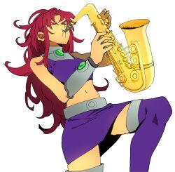 &gt;_&lt; 1girl absurdres arm_armor bare_shoulders belt breasts closed_eyes closed_mouth colored_skin cowboy_shot crop_top dc_comics floating_hair gem gorget green_gemstone hand_up highres instrument isaacchief300 knee_up long_hair medium_breasts metal_belt midriff miniskirt music navel parted_bangs parted_lips pink_hair playing_instrument purple_shirt purple_skirt purple_tank_top purple_thighhighs saxophone shirt sidelocks simple_background single_arm_guard skirt sleeveless solo standing standing_on_one_leg starfire superhero_costume tank_top teen_titans teeth thighhighs thighs v-shaped_eyebrows very_long_hair wavy_hair white_background yellow_skin zettai_ryouiki