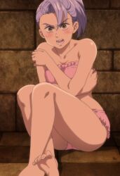 1girl absurdres angry anime_screenshot bare_shoulders barefoot blush bra brown_eyes covering_breasts covering_privates crossed_legs embarrassed feet female_focus highres jericho_(nanatsu_no_taizai) looking_at_viewer nanatsu_no_taizai open_mouth panties pink_bra pink_panties purple_hair shiny_skin soles solo stitched stone_floor stone_wall third-party_edit toes underwear underwear_only