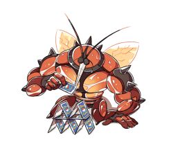antennae buzzwole card full_body gen_7_pokemon holding holding_card house_of_cards insect_wings muscular nintendo pokemon pokemon_(creature) pokemon_card pokemon_focus pokemon_tcg solo ssalbulre stinger sweatdrop ultra_beast white_background wings