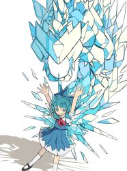 1girl absurdres aqua_eyes aqua_hair arms_up black_shoes blue_bow blue_dress blue_eyes blue_hair blush_stickers bow cirno collared_shirt commentary dot_nose dragon dress foot_out_of_frame grin hair_bow highres ice ice_dragon ice_wings looking_at_viewer mary_janes medium_hair neck_ribbon neruzou pinafore_dress pleated_dress puffy_short_sleeves puffy_sleeves red_neck_ribbon red_ribbon ribbon shadow shirt shoes short_sleeves sidelocks simple_background sleeveless sleeveless_dress smile socks solo standing touhou white_background white_shirt white_socks wings