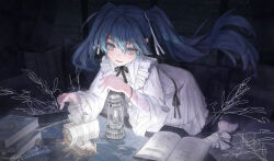 1girl :d absurdres barefoot blue_eyes blue_hair blush book book_stack bracelet commentary_request dress hatsune_miku highres injury jewelry kneeling lantern long_hair map open_book open_mouth sleepwalker_(1219954168) smile solo twintails vocaloid white_dress