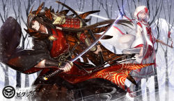 Rule 34 | 1boy, 1girl, armor, bare tree, black hair, black kimono, bow, commentary request, forest, holding, holding sword, holding weapon, japanese armor, japanese clothes, katana, kimono, kote, kurokote, long hair, mountain, nature, pixiv fantasia, pixiv fantasia t, red bow, red footwear, revision, ryuuzaki ichi, scabbard, seigaiha, sheath, shoulder armor, snowflakes, snowing, sode, sword, tree, uchikake, weapon, white hair, white legwear, wide sleeves